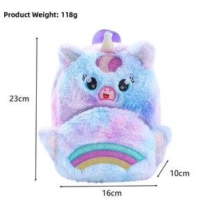 Close-up of soft plush unicorn backpack featuring gradient colors and rainbow embroidery
