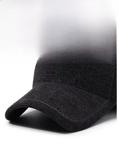 Macro shot of durable corduroy fabric texture and stitching on winter baseball cap