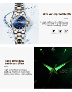 Detail of quartz watch featuring blue sunray dial and 50m waterproof display