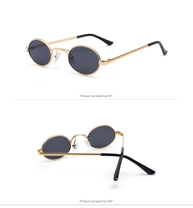 Detail view of oval metal sunglasses showing 90 and 180 degree angles on white background
