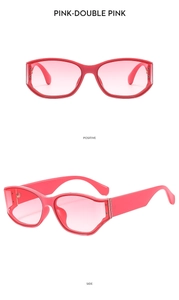 Pink curved sunglasses with wide temples and gradient lenses shown from multiple angles
