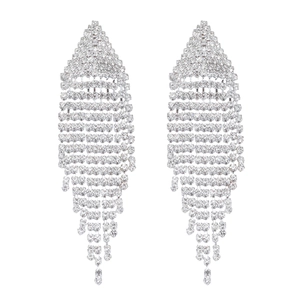Sparkling silver crystal tassel earrings with geometric rhinestone drop design
