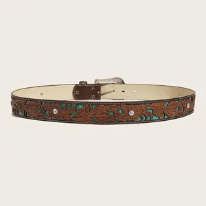 Boho-Ledergürtel im Western-Stil mit Blumenprägung und türkisfarbenen Details
