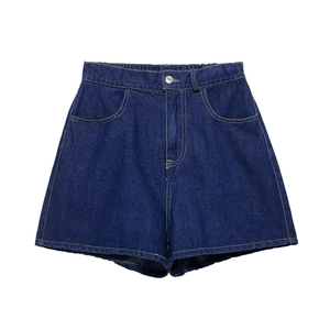 Deep blue high-waisted denim shorts with elastic waistband and yellow contrast stitching