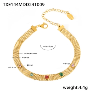 Detail view of titanium steel gold bracelet with colorful zircon stones and size measurements