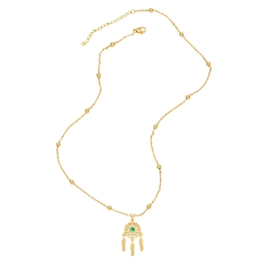 Golden dreamcatcher necklace with green gemstone and three delicate feather pendants