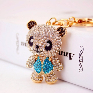 Cute cartoon panda keychain with sparkling blue and white rhinestones and gold-tone metal