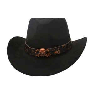 Close-up of black western cowboy hat featuring a bronze skull and crossbones metal ornament