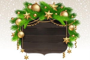Kerst-informatiebanner met gouden sterren en dennentakken op een houten bordje
