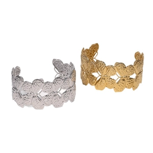 Golden and silver stainless steel open bangles with embossed butterfly hollow pattern