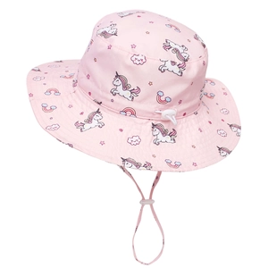 Detail of pink unicorn print sun hat with adjustable drawstring and windproof strap