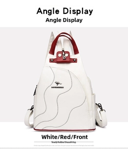 Front view of white leather backpack with red handles and branded kangaroo logo