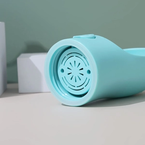 Portable pet water bottle with dispenser filter and nozzle in cyan blue finish
