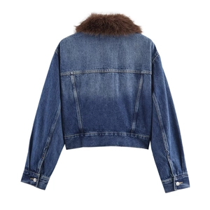 Blue denim jacket with brown faux fur collar and classic stitching in a back view