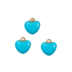 Three blue heart-shaped enamel charms with gold loops for DIY jewelry making