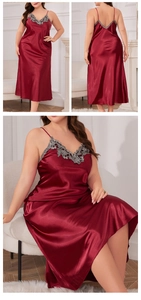 Detail of dark red satin plus size nightgown set with elegant grey lace trim and silk finish