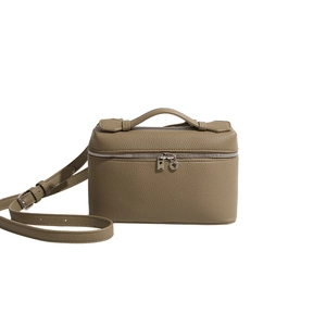 Taupe textured leather box handbag with top handle and adjustable shoulder strap