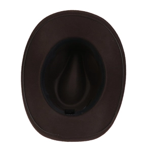 Detail view of the brown wool fedora interior with sweatband and size label