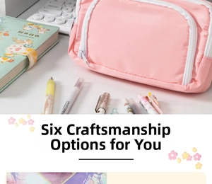 Detail view of pink canvas multi-layer stationery bag with zipper on a desk setup