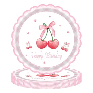 Close-up of watercolor cherry and bow pattern on Happy Birthday paper plates