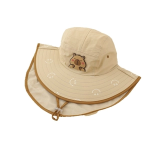 Kids sun hat in beige with neck flap and cartoon bear patch for outdoor protection