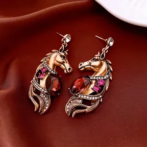 Vintage Horse Head Dangle Earrings With Red Crystal Rhinestone Antique Gold Silver Earring Post