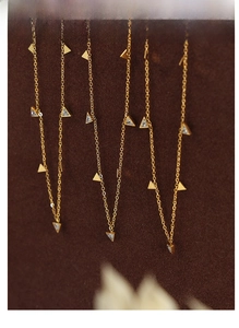 Detailed view of 18K gold plated titanium steel necklace with triangle zircon pendants