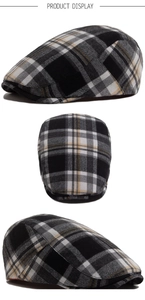 Detailed three-angle view of a vintage herringbone checkered newsboy cap in grey and black
