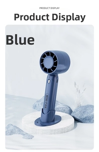 Detailed view of the blue handheld mini fan with USB port on a cool icy display base