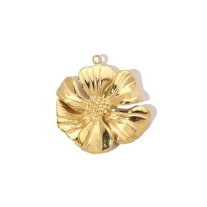 Polished 14k gold-plated 3D flower pendant in stainless steel with five petals for DIY jewelry