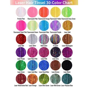 30 colors of laser tinsel hair extensions including holographic and fluorescent shades