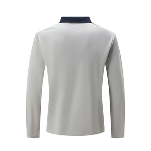 Back view of slim fit long sleeve polo shirt with gray body and navy blue collar contrast