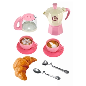 Kids pretend play coffee set with pink mocha pot espresso cups and toy croissant