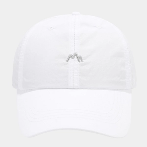Detail of white baseball cap showing mountain embroidery and neat stitching