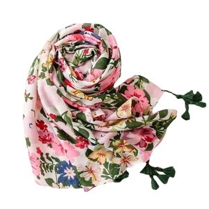 Floral print soft cotton linen scarf with pink blossoms and dark green fringe tassels