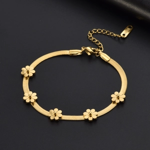 Bracelet élégant en acier inoxydable doré à maille serpent avec cinq petites fleurs