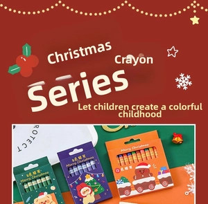 Detailed view of Christmas themed crayon sets in 8 and 12 colors with festive packaging