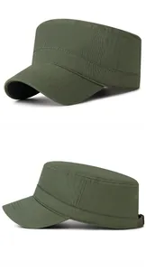 Detail of olive green cotton canvas cadet cap with stitched brim and metal buckle