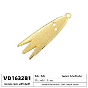 Detail view of gold brass fish tail pendant with size 17mm by 53mm and 6.2g weight