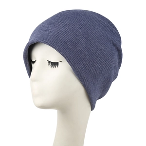 Classic navy blue knit beanie for men and women featuring a minimalist ribbed texture