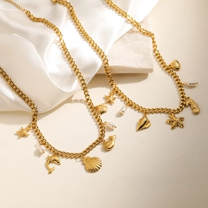 Ocean Theme Charm Necklace Gold Plated Stainless Steel With Artificial Pearls Starfish Shell Dolphin Marine Style For Women