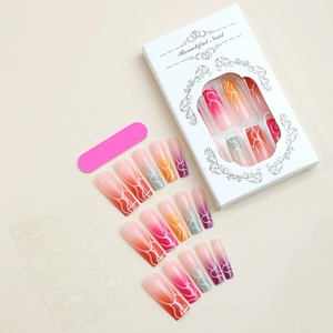 Extra long trapezoidal press-on nails set with orange pink purple gradient and wavy art