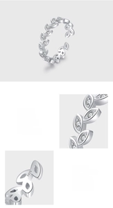 Detailed macro view of S925 sterling silver olive leaf ring with micro-set 5A cubic zirconia