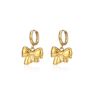 Elegant gold-plated stainless steel bow pendant hoop earrings with natural shadows