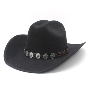 Detail of wool western cowboy hat with turquoise and silver diamond metal ornaments