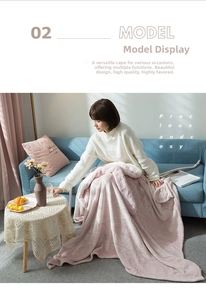 Detail of soft pink fleece wearable blanket with hood and pocket for home comfort