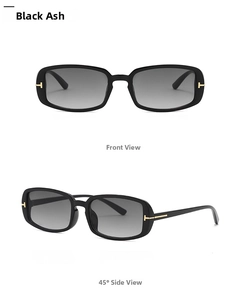 Front and side views of black rectangular sunglasses with golden T metal accents