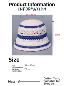 Detail view of pink and blue crochet bucket hat showing hollow knit texture and dimensions