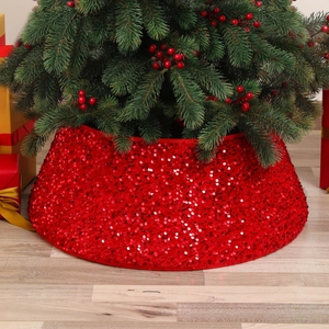 Sparkling red sequin Christmas tree skirt base for festive holiday tree decoration
