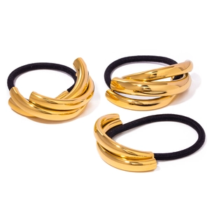 Three-piece set of gold-tone minimalist metal hair ties with black elastic bands